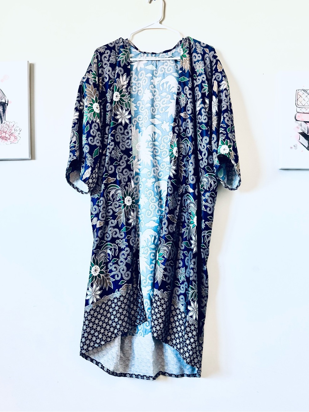 Satin Effect Floral Balinese Navy Kimono Loungewear Short Sleeves All Size